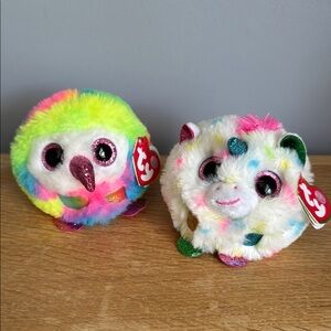SET of 2 TY Puffies HARMONIE Unicorn & OWEN Owl (4 Inch) Stuffed Plush Toy